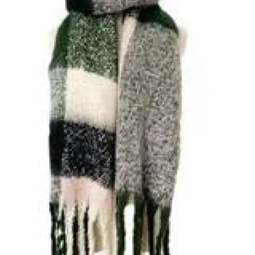 Plaid winter scarf with fringe tassels in green, white, and gray colors next to a purplish red wool stitching scarf