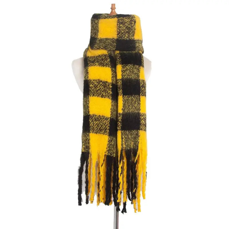 Yellow and black plaid scarf with fringed ends for a stylish wool stitching scarf in purplish red
