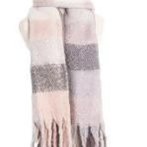 Soft pink and gray plaid scarf with tasseled fringe, showcasing unique wool stitching scarf design