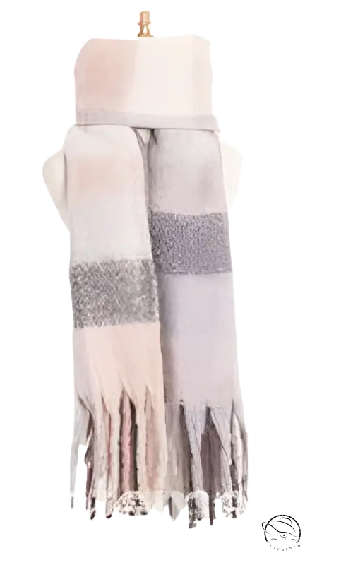 Soft pink and gray plaid scarf with tasseled fringe, showcasing unique wool stitching scarf design