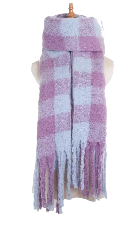 Purple and blue checkered scarf with fringed ends in purplish red wool stitching scarf