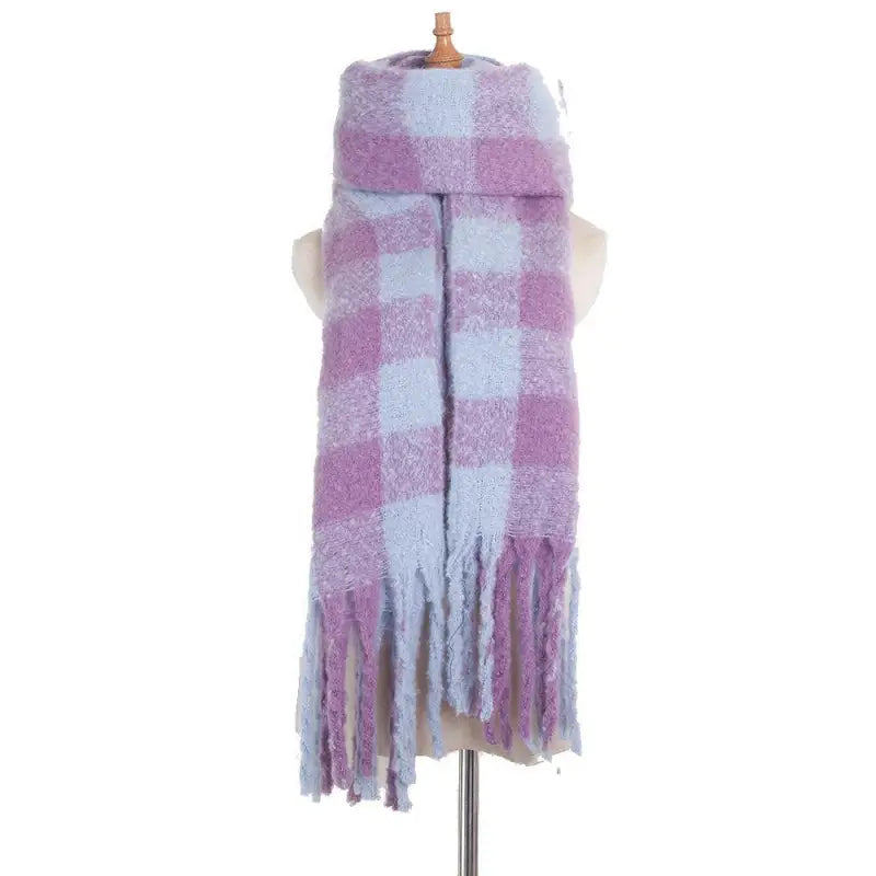 Purple and blue checkered scarf with fringed ends in purplish red wool stitching scarf