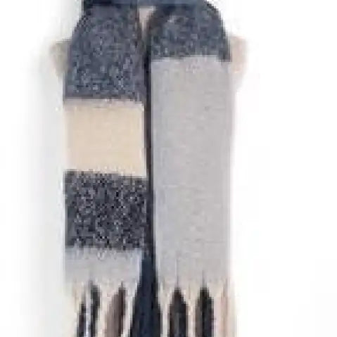 Wool stitching scarf featuring navy blue, gray, and white striped design with fringed tassels