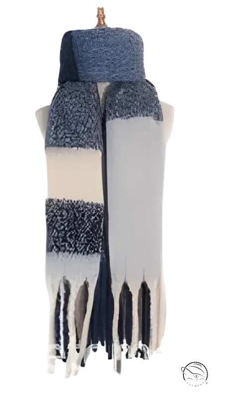 Wool stitching scarf featuring navy blue, gray, and white striped design with fringed tassels