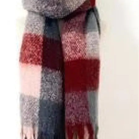 Plaid winter scarf with fringe in purplish red, gray, and sapphire blue red hues