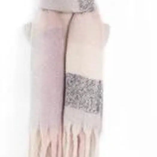 Beige winter scarf with gray sequined panels and fringe tassels in purplish red