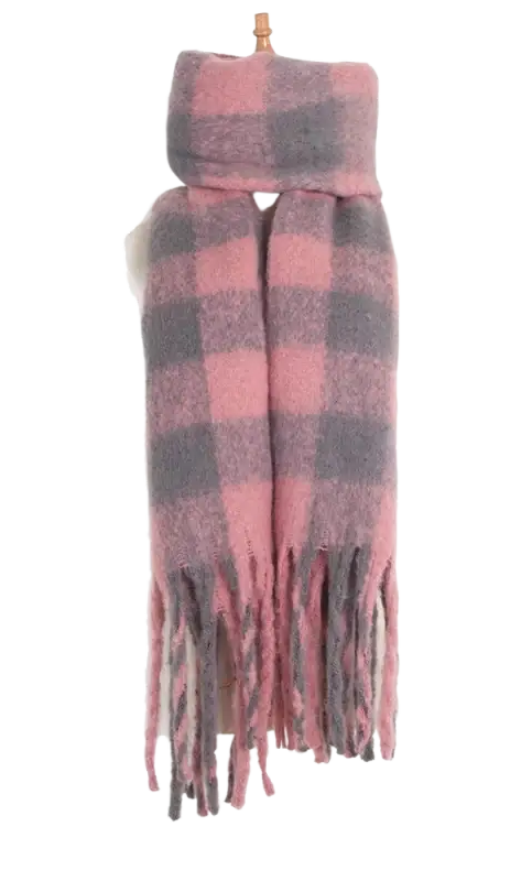 Pink and gray plaid fleece scarf with fringed ends from Woven Scarf in Purplish Red collection
