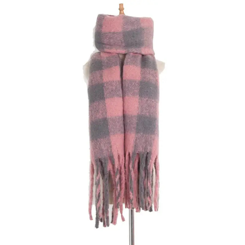 Pink and gray plaid fleece scarf with fringed ends from Woven Scarf in Purplish Red collection