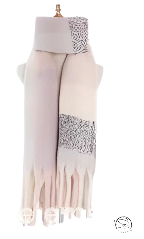 Beige winter scarf with gray sequined panels and fringe tassels in purplish red design