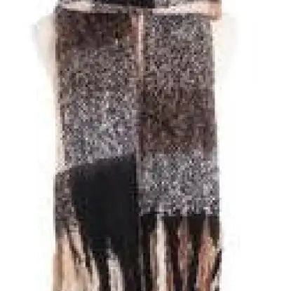 Patterned gray and black wool stitching scarf with fringed ends, featuring purplish red accents