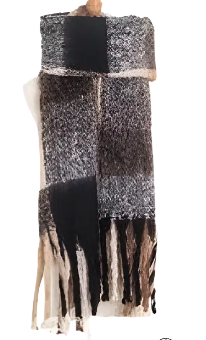 Patterned gray and black wool stitching scarf with fringed ends, featuring purplish red accents