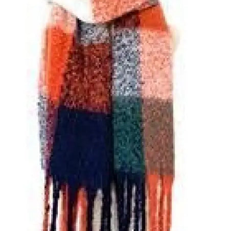 Colorful plaid wool stitching scarf in purplish red with fringe tassels, featuring coral and navy