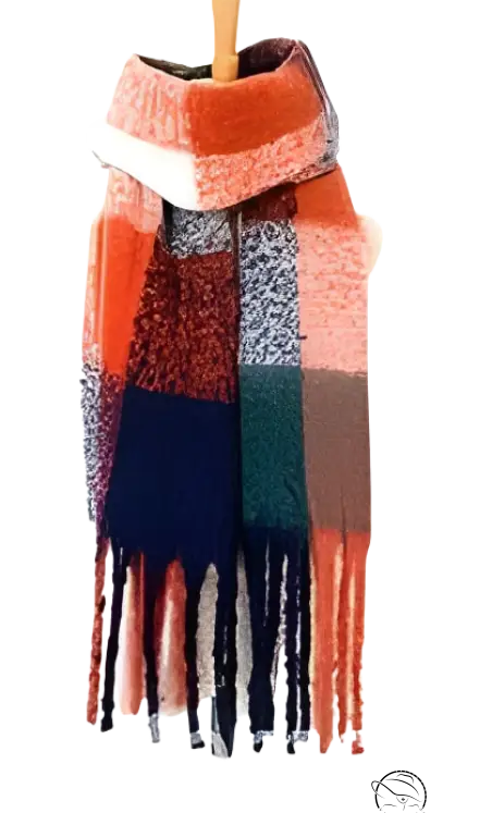 Colorful plaid wool stitching scarf in purplish red with fringe tassels, featuring coral and navy