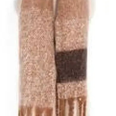 Knitted wool stitching scarf in purplish red with beige blocks and fringe tassels