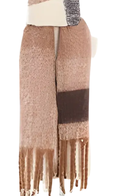 Knitted wool stitching scarf in purplish red with beige blocks and fringe tassels