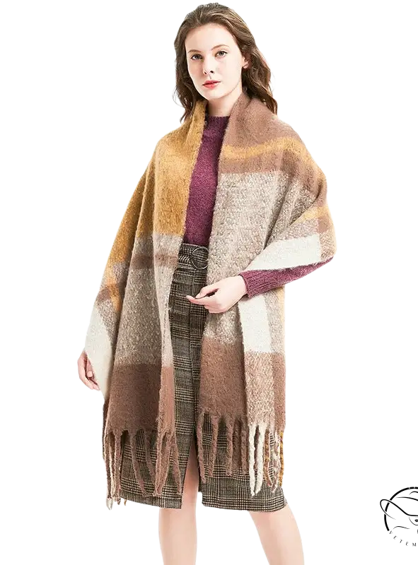 Colorful Woven Wool Stitching Scarf in Rose Plaid Navy Blue worn with autumn outfit