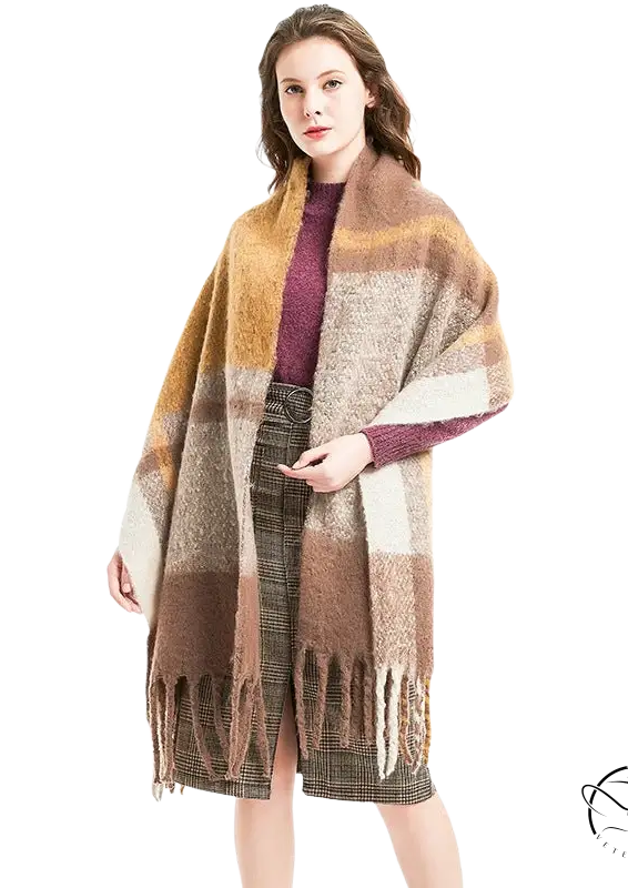 Colorful rose plaid navy wool stitching scarf over autumn outfit