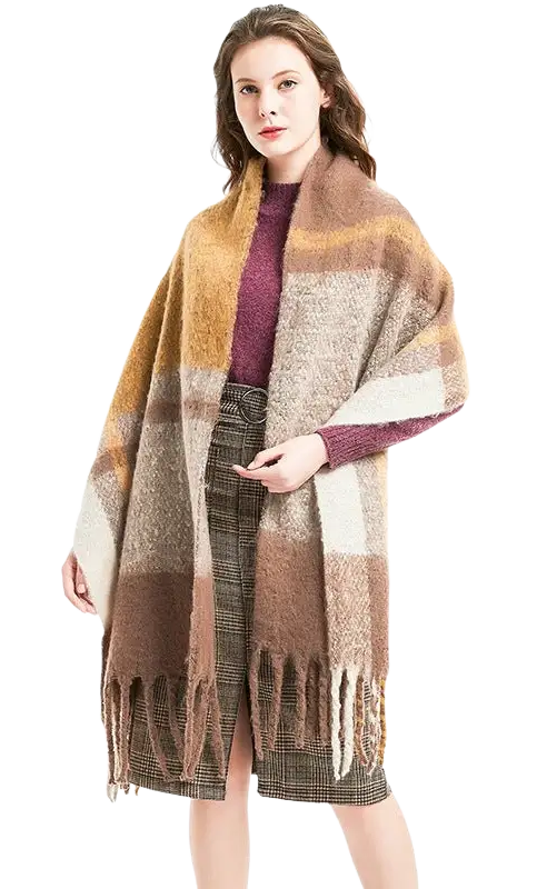 Colorful Woven Wool Stitching Scarf in Rose Plaid Navy Blue worn with autumn outfit