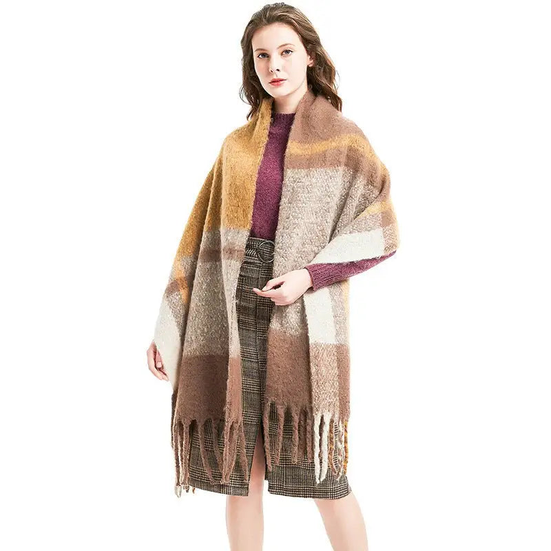 Colorful Woven Wool Stitching Scarf in Rose Plaid Navy Blue worn with autumn outfit