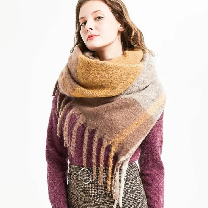 Woman in a purple sweater with a wool stitching scarf in Rose Plaid Navy Blue Print