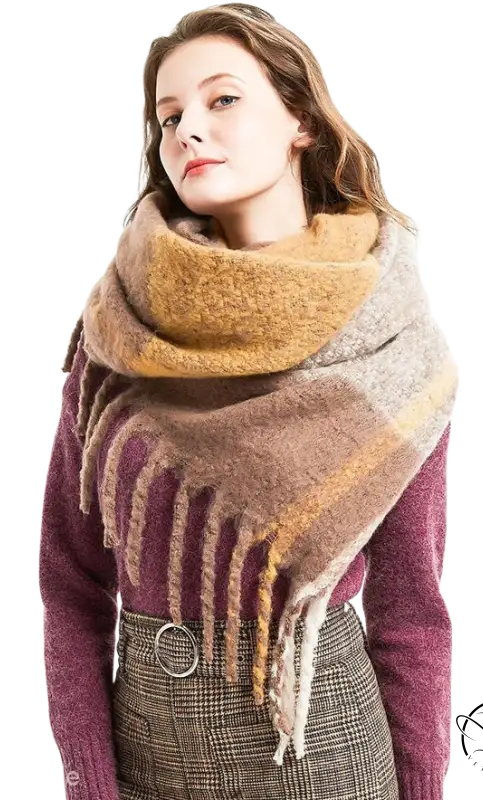 Woman in a purple sweater with a wool stitching scarf in Rose Plaid Navy Blue Print