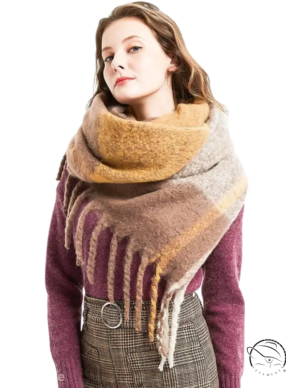 Woman in a purple sweater with a wool stitching scarf in Rose Plaid Navy Blue Print