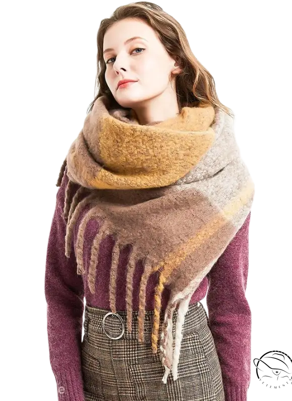 Woman in purple sweater wearing wool stitching scarf in rose plaid navy print