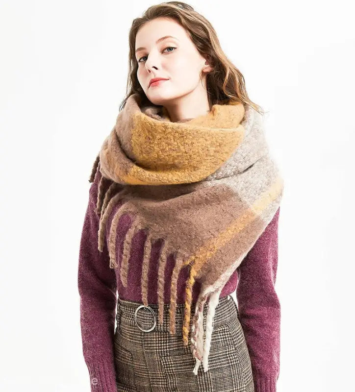 Woman in a purple sweater with a wool stitching scarf in Rose Plaid Navy Blue Print