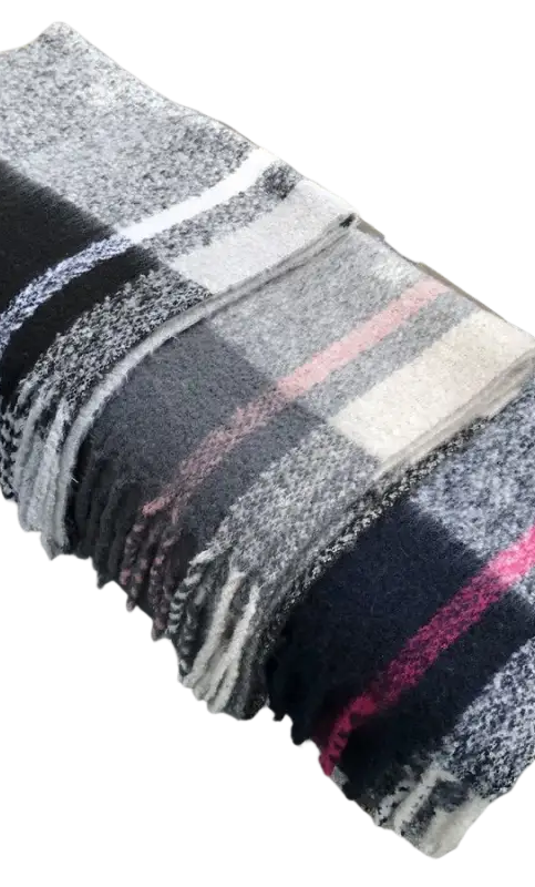 Woven Wool Stitching Scarf in Rose Plaid Navy Blue Print draped over a railing