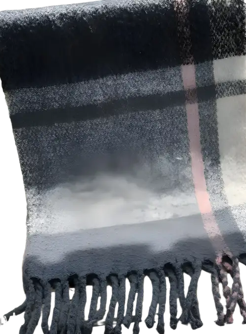 Plaid Wool Stitching Scarf in Rose Plaid Navy Blue Print draped over a railing