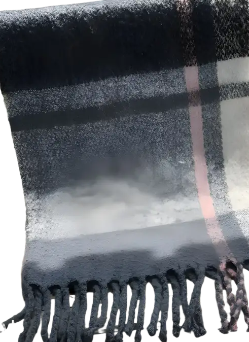 Rose plaid navy wool stitching scarf with fringed edges on railing