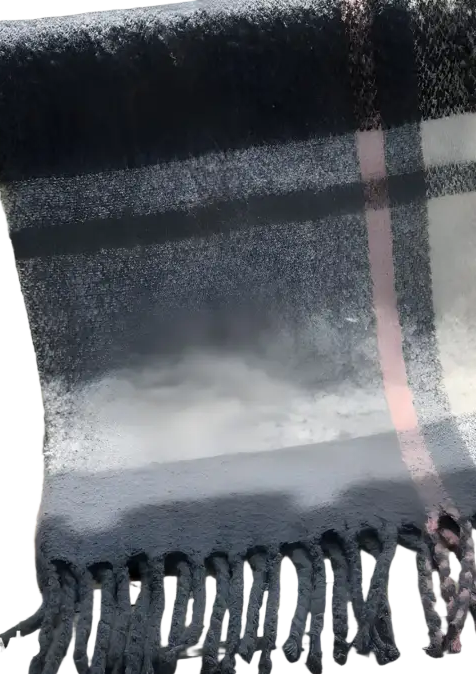 Rose plaid navy wool stitching scarf with fringed edges on railing