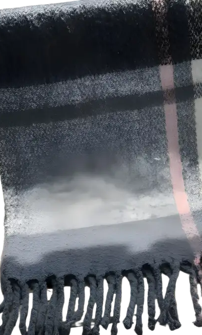 Plaid Wool Stitching Scarf in Rose Plaid Navy Blue Print draped over a railing