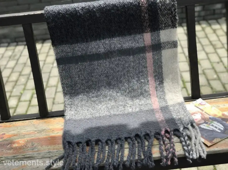 Plaid Wool Stitching Scarf in Rose Plaid Navy Blue Print draped over a railing