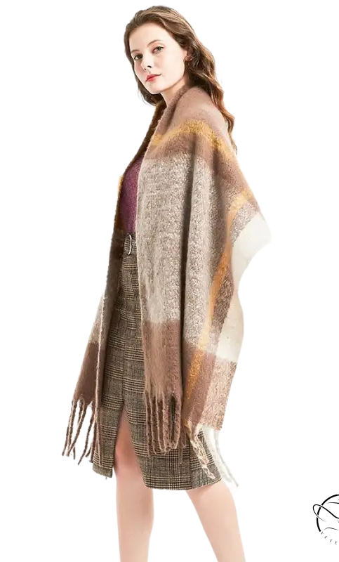 Woven Wool Stitching Scarf in Rose Plaid Navy Blue Print draped over a woman’s shoulders