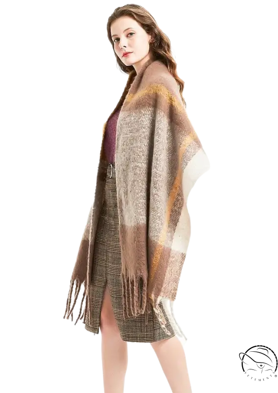 Woven wool stitching scarf in rose plaid navy blue print on shoulders