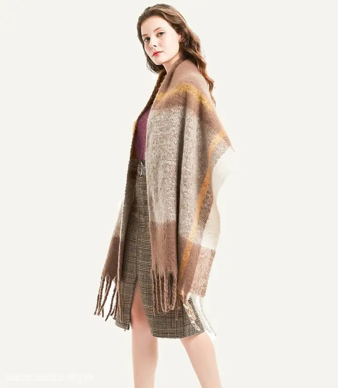 Woven Wool Stitching Scarf in Rose Plaid Navy Blue Print draped over a woman’s shoulders