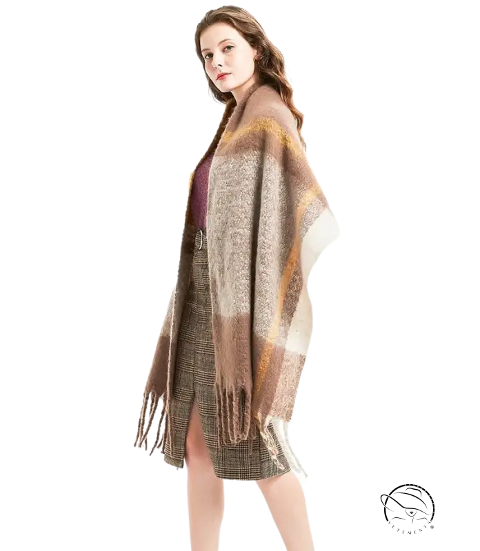 Woven wool stitching scarf in rose plaid navy blue print on shoulders