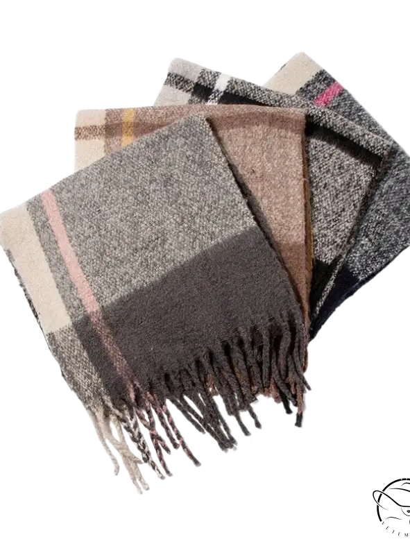 Woven Wool Stitching Scarf in Rose Plaid Navy Blue with fringed edges in earth tones