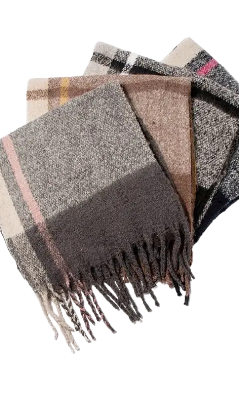 Woven Wool Stitching Scarf in Rose Plaid Navy Blue with fringed edges in earth tones