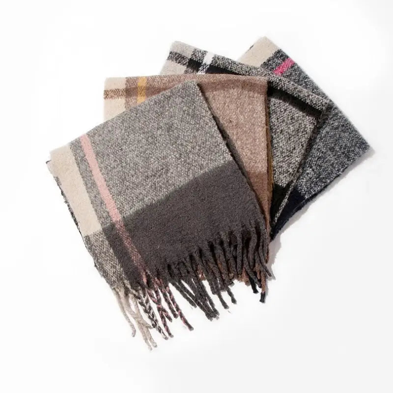 Woven Wool Stitching Scarf in Rose Plaid Navy Blue with fringed edges in earth tones