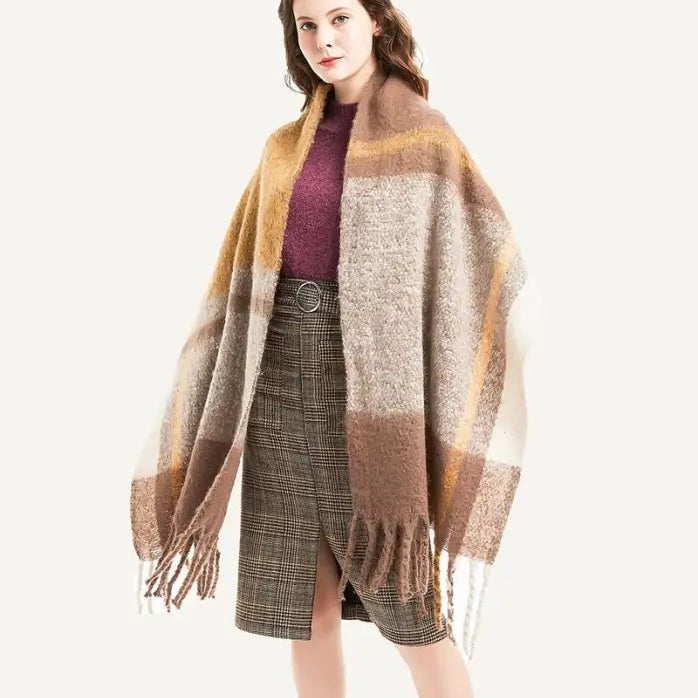 Woman styling a Wool Stitching Scarf in Rose Plaid Navy Blue over autumn clothing