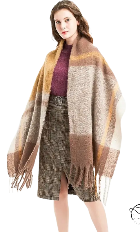 Woman styling a Wool Stitching Scarf in Rose Plaid Navy Blue over autumn clothing