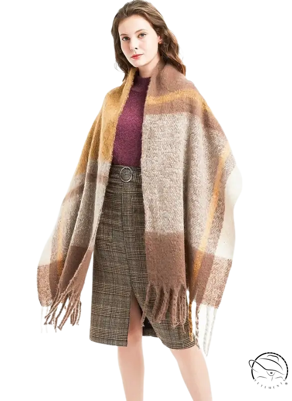 Woman in wool stitching scarf with rose plaid navy blue print over autumn attire