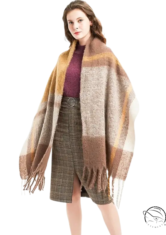 Woman in wool stitching scarf with rose plaid navy blue print over autumn attire