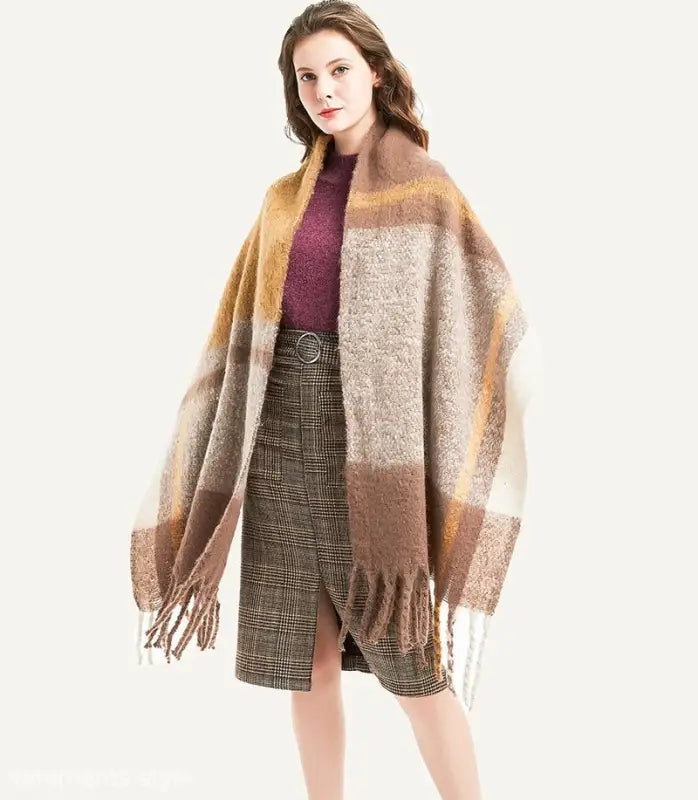 Woman styling a Wool Stitching Scarf in Rose Plaid Navy Blue over autumn clothing