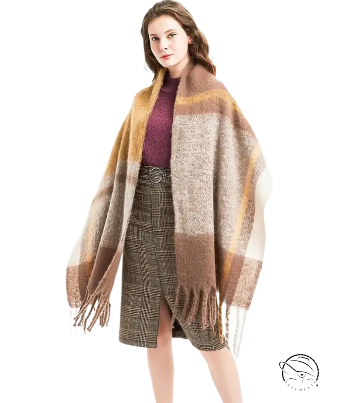 Woman in wool stitching scarf with rose plaid navy blue print over autumn attire