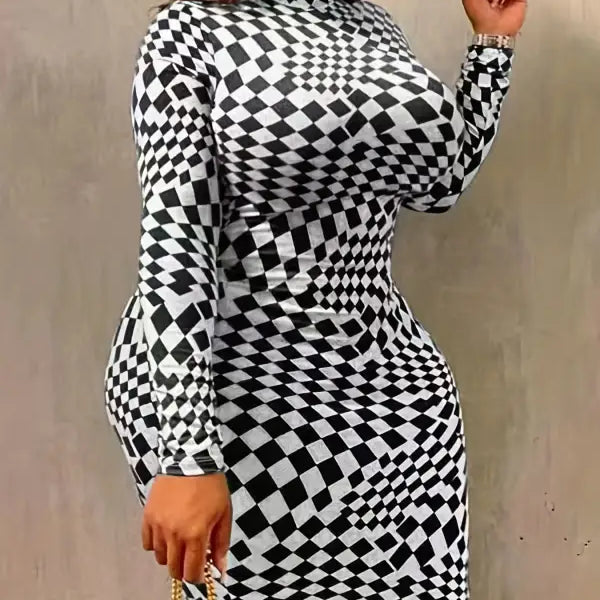Woman modeling Elegant Long Sleeve Bodycon Maxi Dress with black and white checkerboard pattern