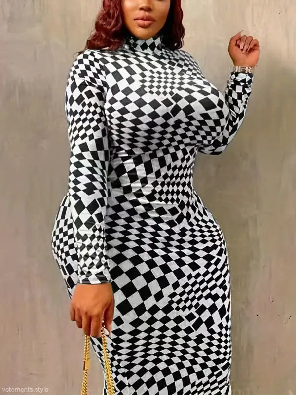 Woman modeling Elegant Long Sleeve Bodycon Maxi Dress with black and white checkerboard pattern