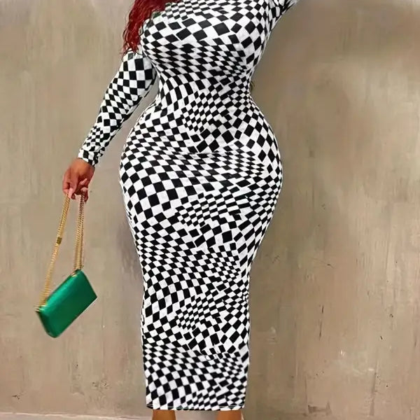 Elegant long sleeve bodycon maxi dress with black and white checkerboard optical illusion pattern